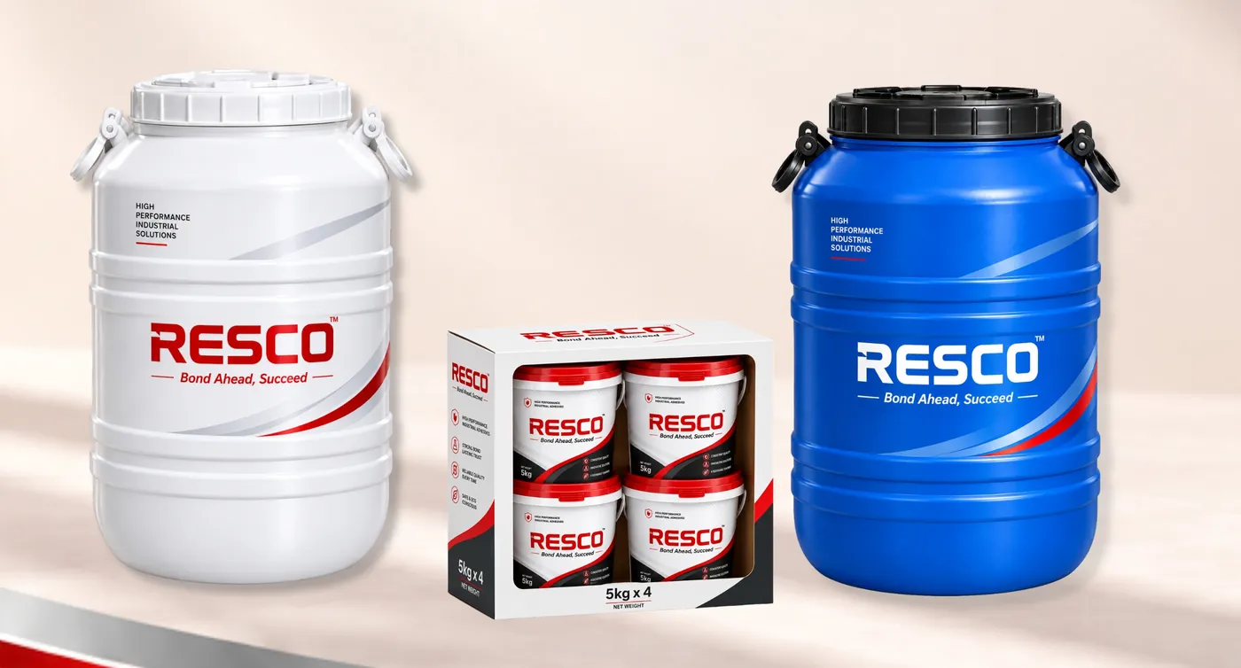 RESCO water-based adhesive in a white drum, a carton of four 5 kg pails, and a blue drum